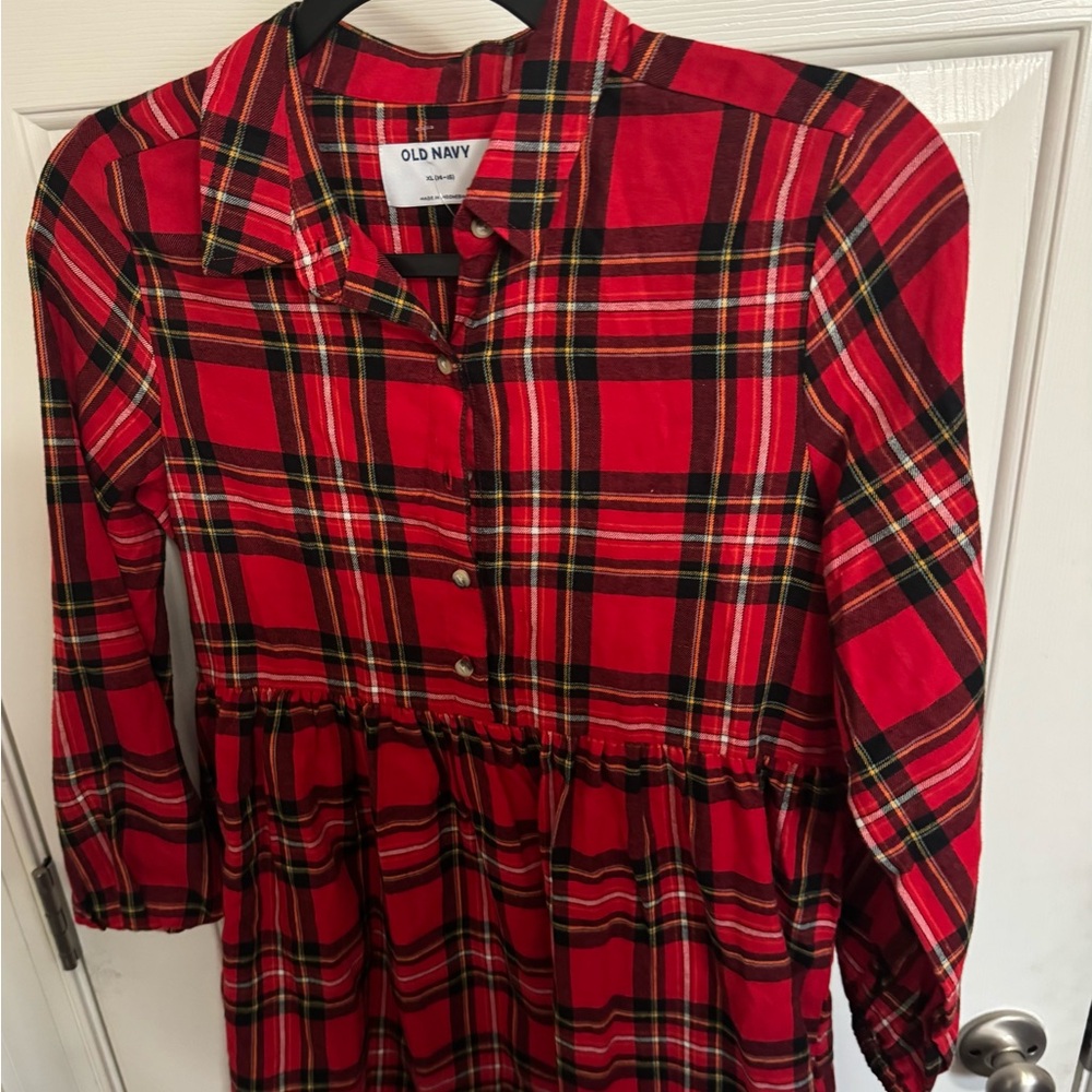 Old Navy Girls XL (14-16) Red Plaid Button Up Flannel Dress Holiday Christmas